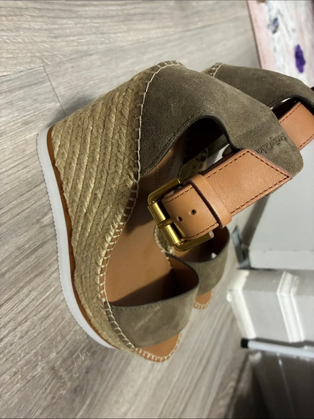 See by Chloe Women's Tan Suede Espadrille Wedge Sandals with Ankle Strap